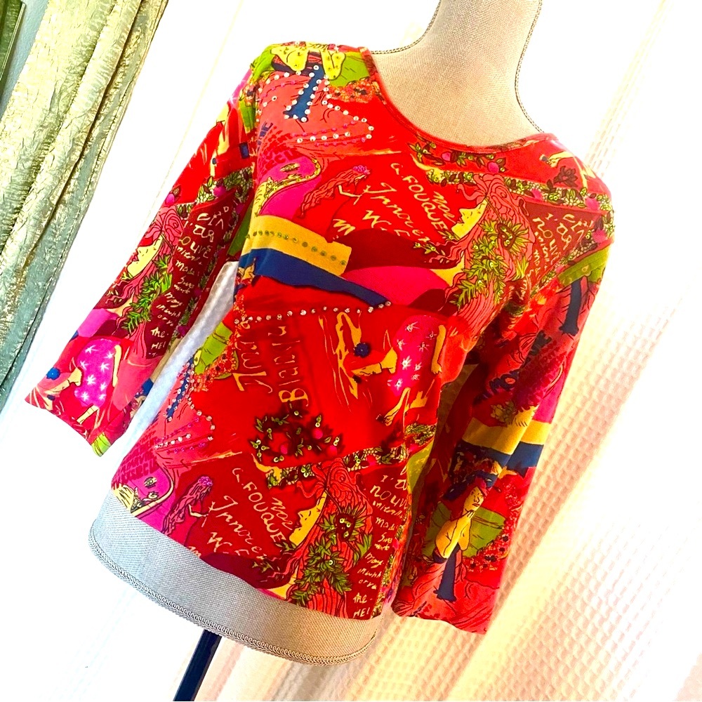 80s Vintage Goddess French Paris print graphic feminine midi sleeve sequins top
